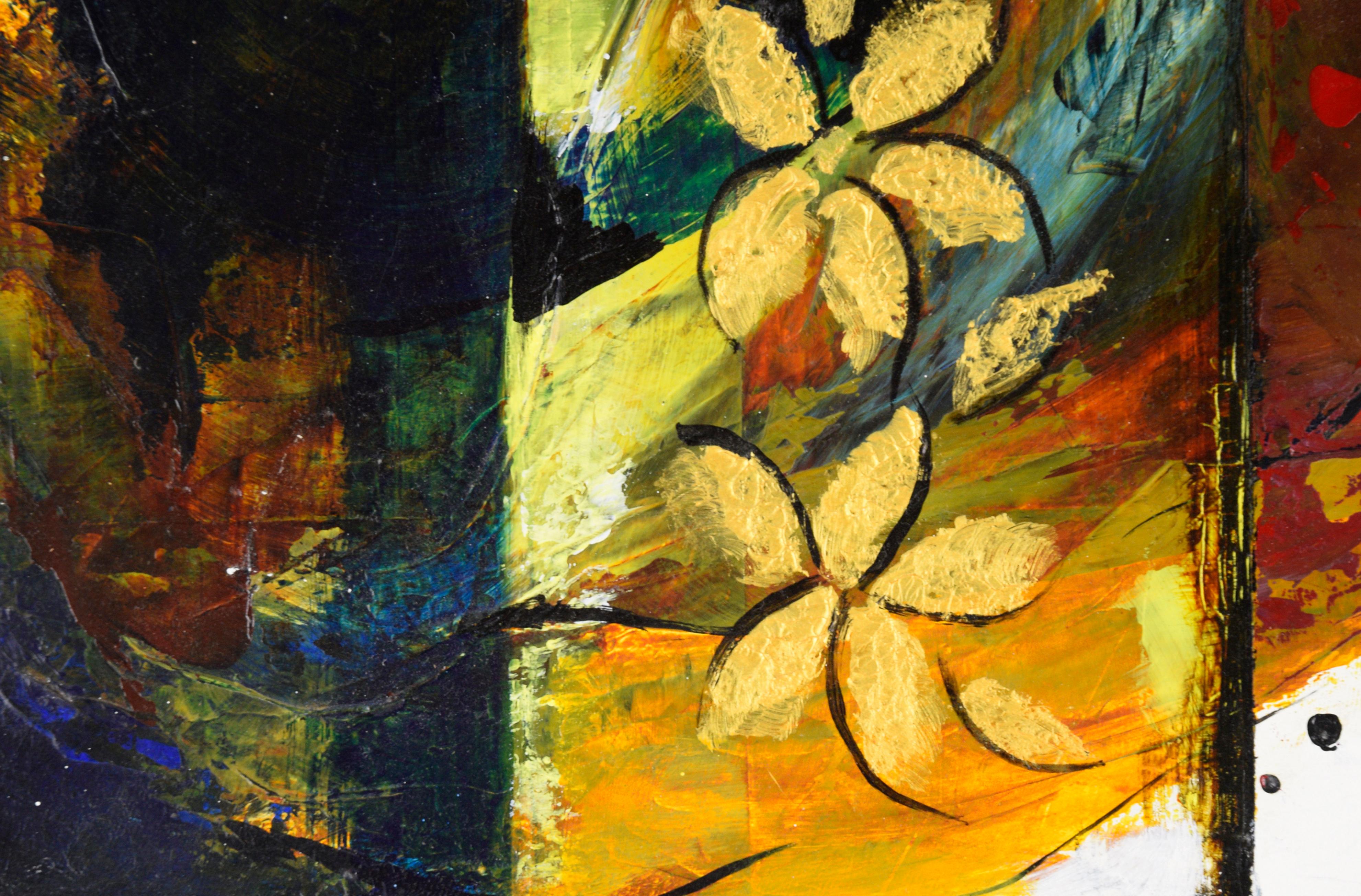 Golden Flowers #2 - Expressionniste abstrait - Marron Abstract Painting par Renata Rosa