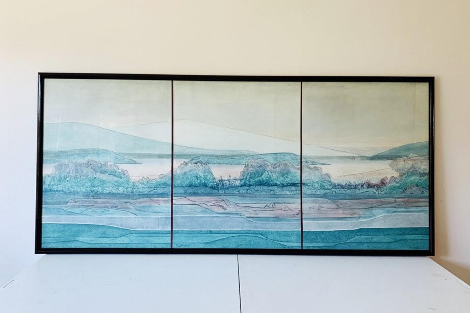 Big Country, etching on zinc triptych by German artist Renata Zerner.

This is the Artist Proof, and is signed by the artist.

Measurements:
34 inches high x 75 inches wide.

Hand signed: Lower right on each panel
Condition: