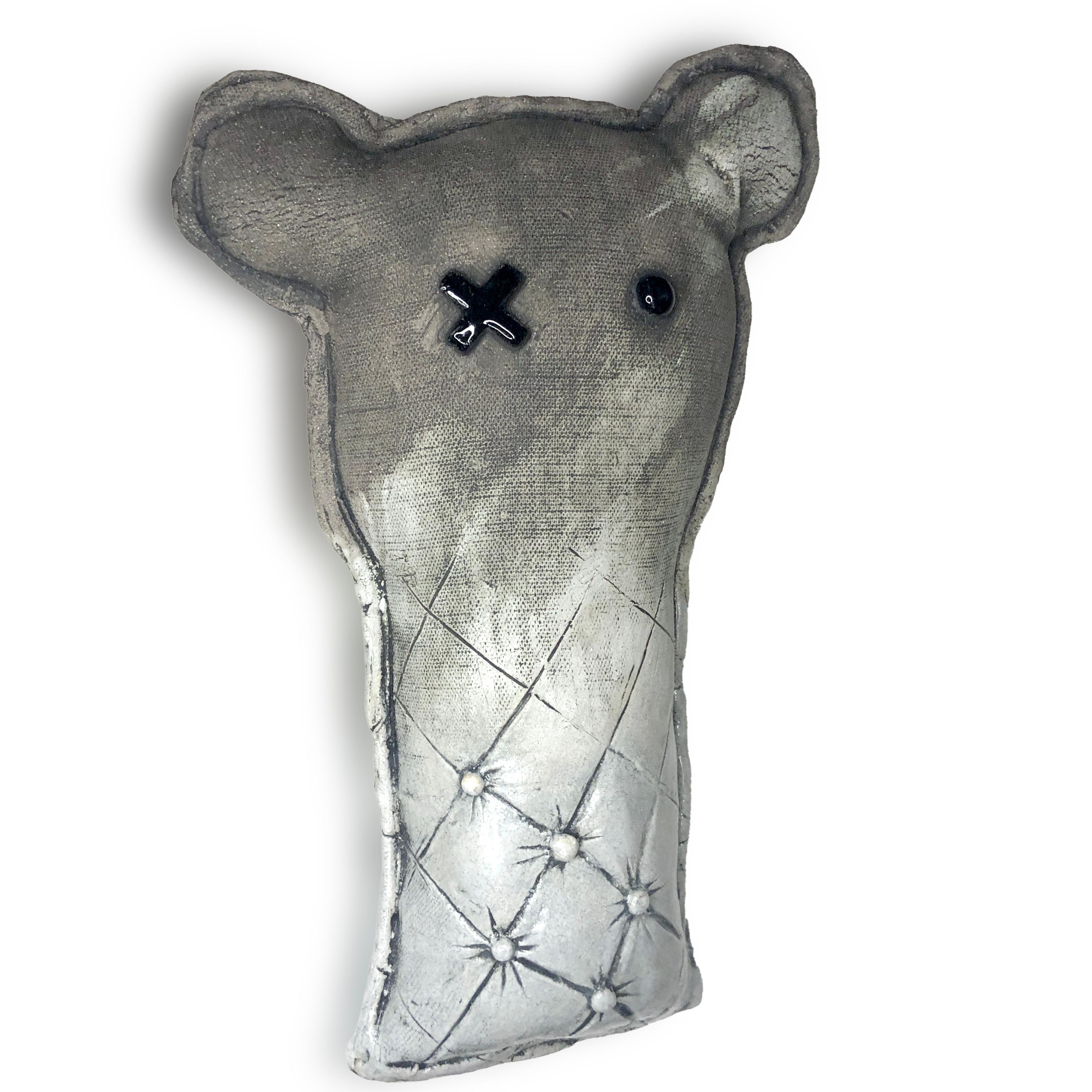 Renate Frotscher Figurative Sculpture - Ceramic 'Teddy G" bear pastel grey and white  - Contemporary Ceramic Wall Art