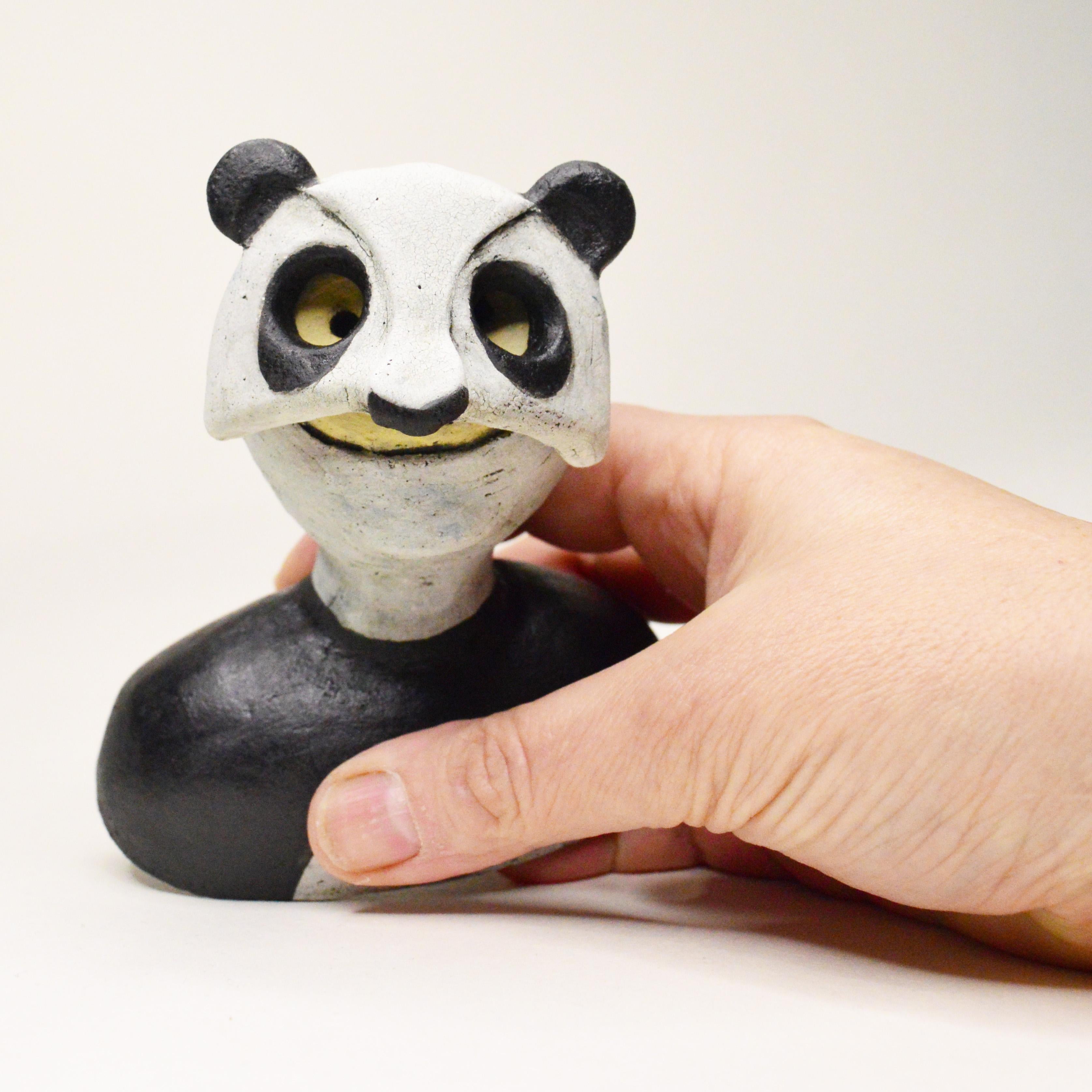 Pin·e·co 002 masked friend Panda Peace & Friendship - Gray Figurative Sculpture by Renate Frotscher