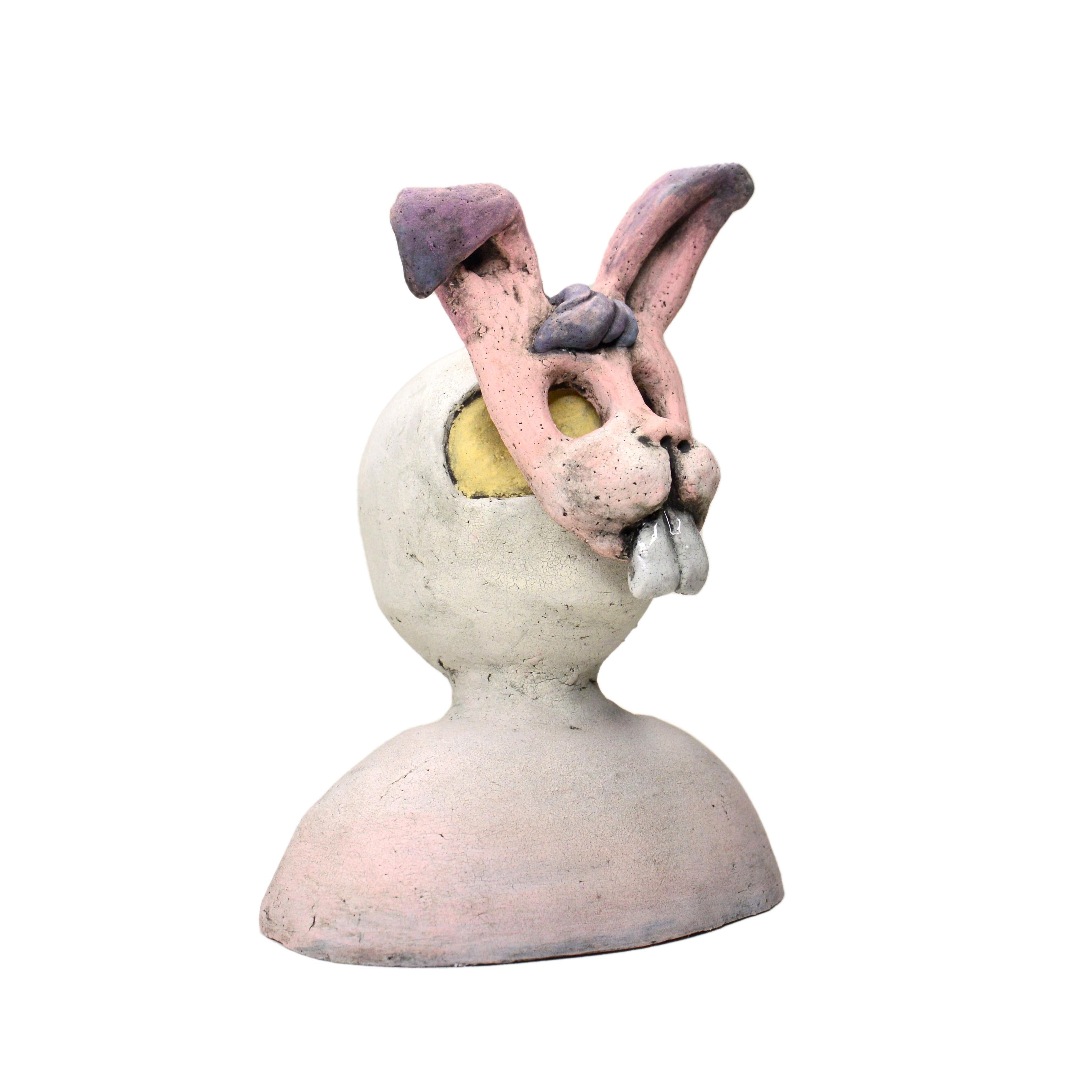 Pin·e·co 008 Ceramic Sculpture with a bunny mask fertility, luck, and creativity - Beige Figurative Sculpture by Renate Frotscher