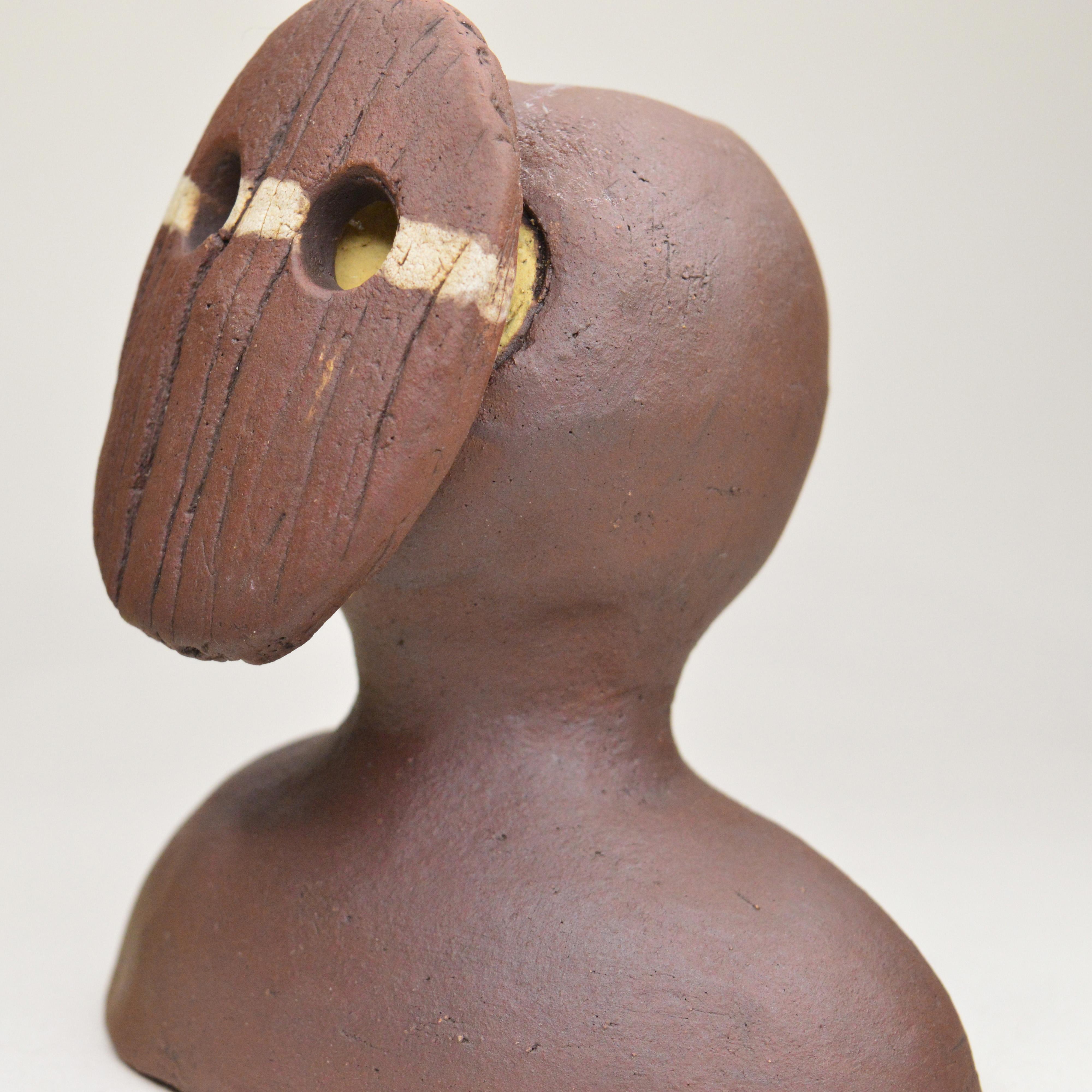 Pin·e·co 013 Original Ceramic Sculpture with wooden mask For Sale 2