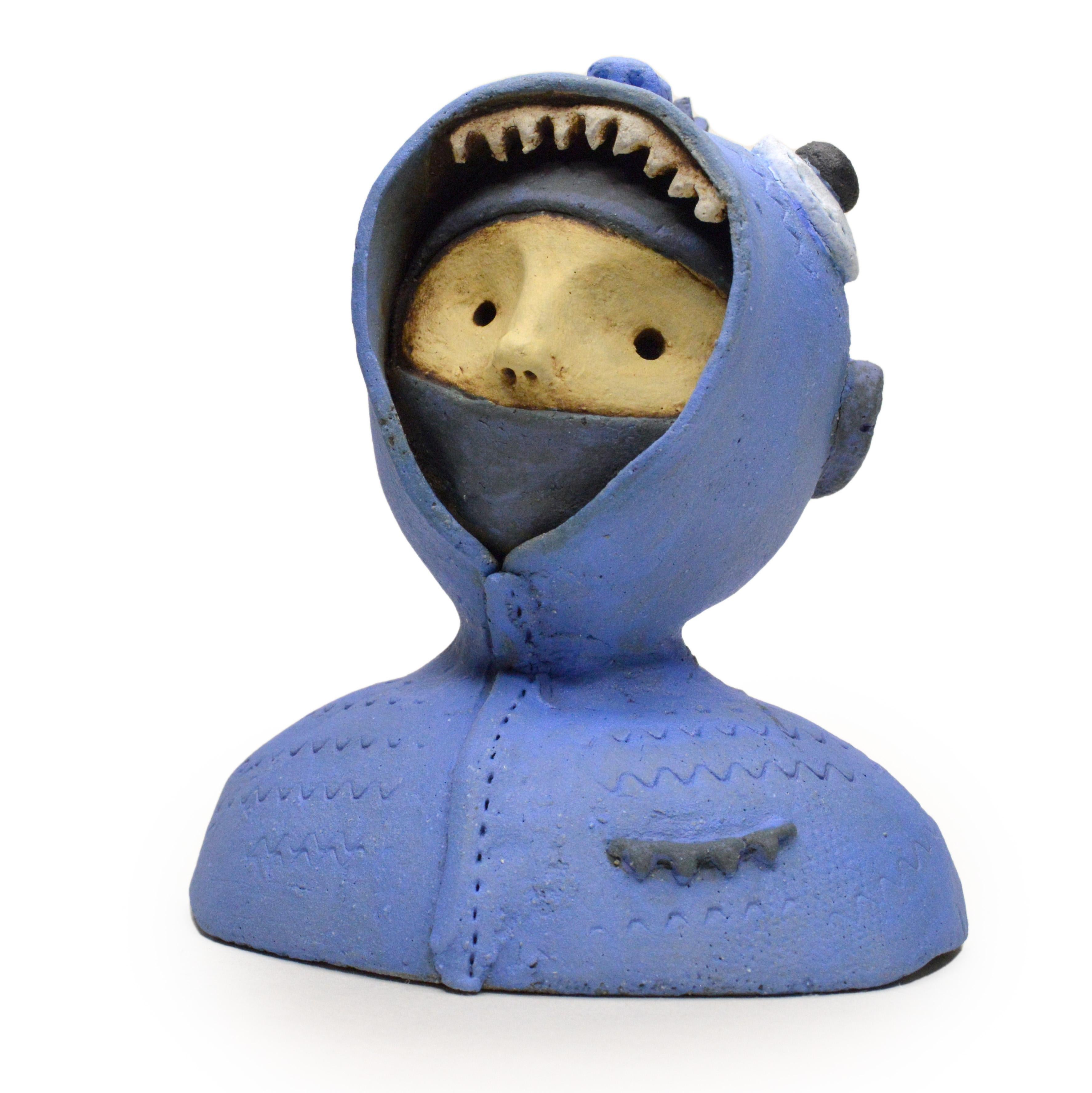 Renate Frotscher Figurative Sculpture - Pin·e·co 019 Original Ceramic Sculpture with a fish hoodie