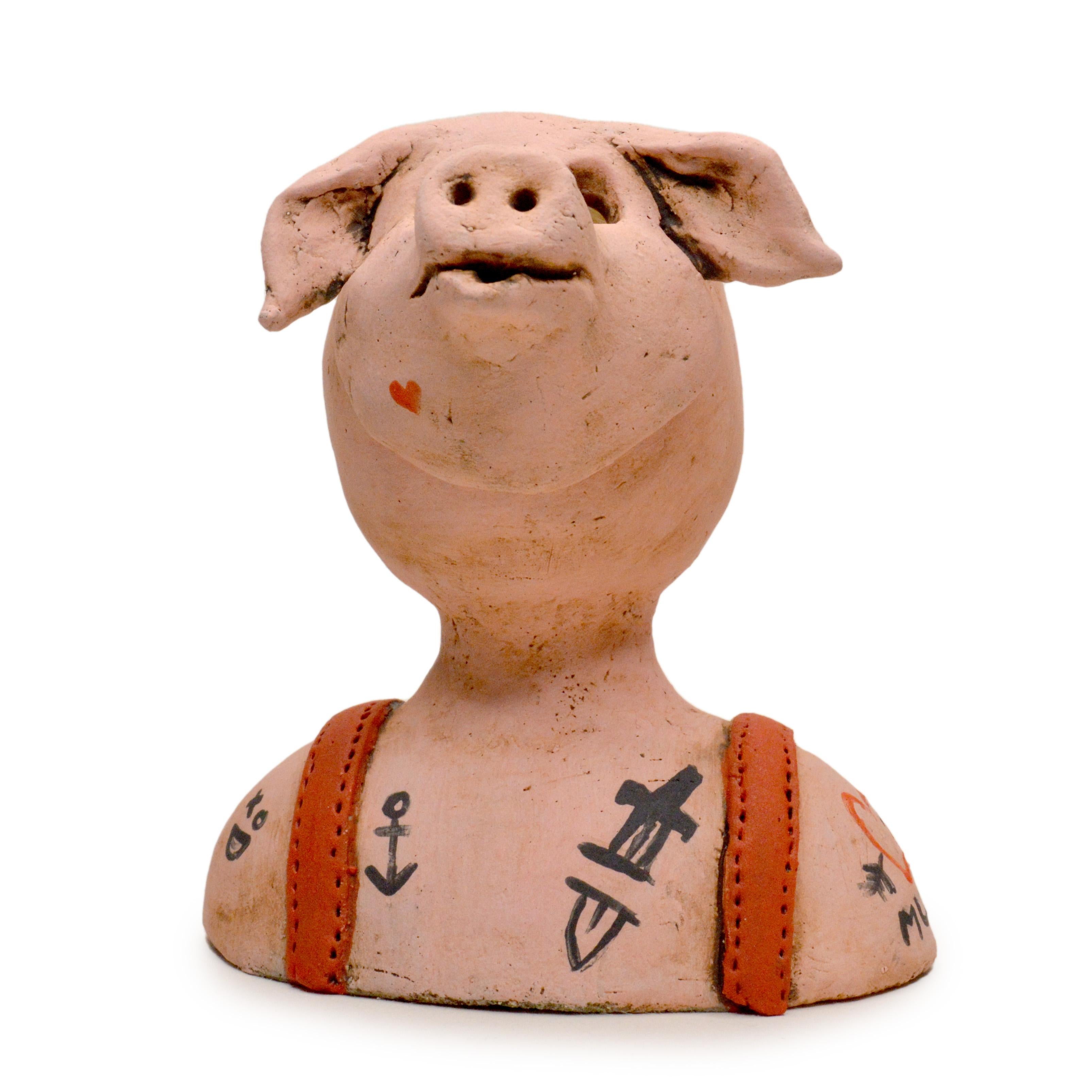 Pin·e·co 021 Original Ceramic Sculpture disguised as tattooed pig - Brown Figurative Sculpture by Renate Frotscher
