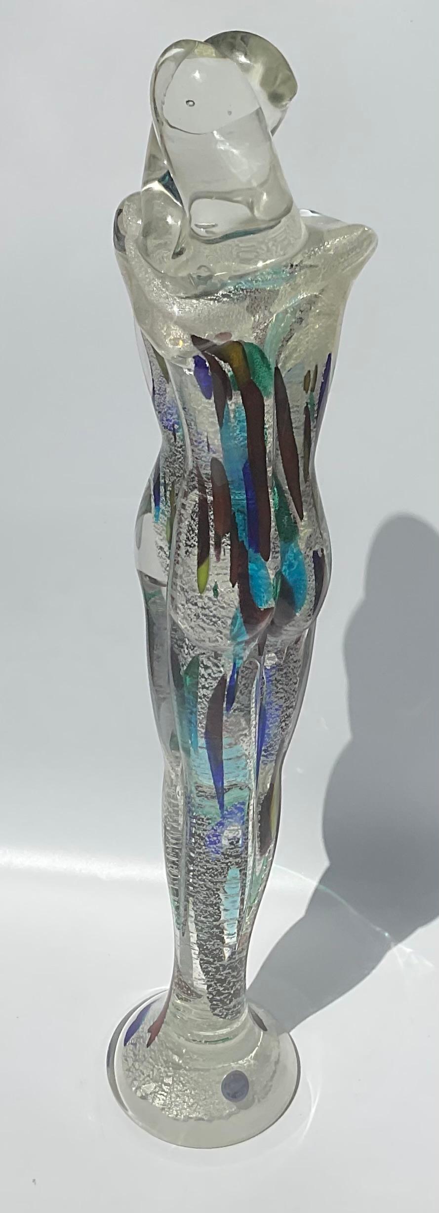 Renato Anatra Murano Art Glass Entwined Lovers Sculpture multi colors with silver encased flecks. Signed by the artist with original label.