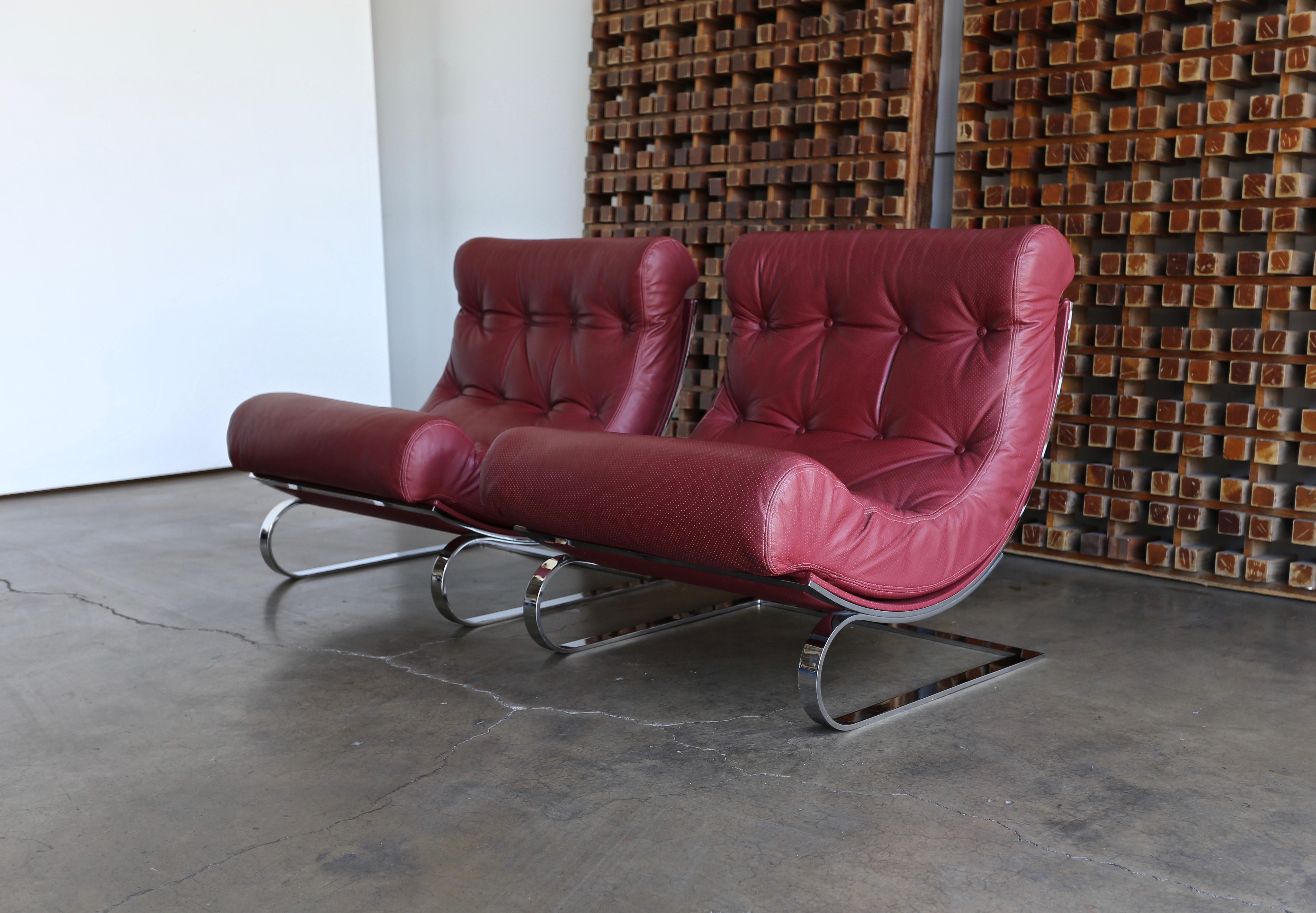 Italian Renato Balestra Leather Lounge Chairs for Cinova Italy, circa 1970