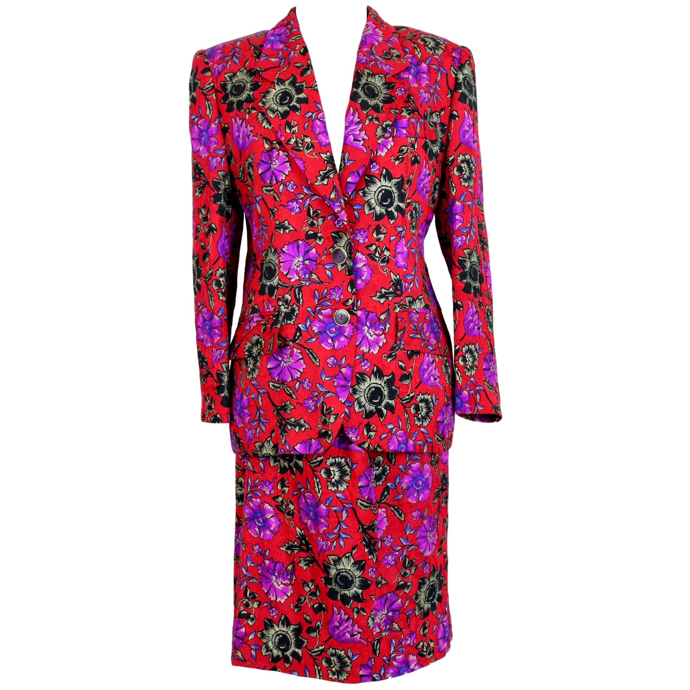 Renato Balestra Red Violet Wool Floral Evening Skirt Suit 