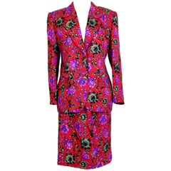 Renato Balestra Red Violet Wool Floral Evening Skirt Suit 