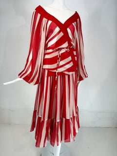 Renato Balestra - Top a portafoglio in chiffon a righe di seta bianche e rosse - &  Gonna Italia anni '70