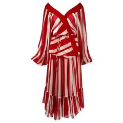 Renato Balestra Rot-weißes Chiffon-Wickeloberteil aus Seide mit Streifen und Chiffon &  Rock Italien 1970er Jahre