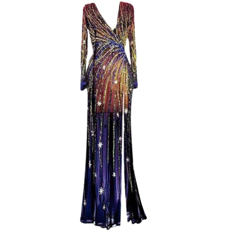 Renato Balestra Roma Couture Sheer Beaded Evening Gown Size 42IT For Sale  at 1stDibs