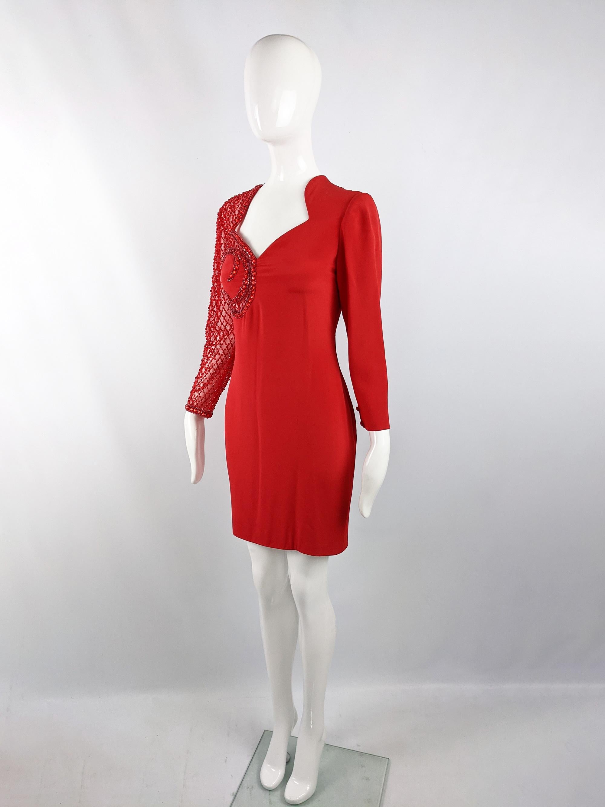 Renato Balestra Vintage Italian Couture Red Beaded Sheer Sleeve Party Dress In Good Condition For Sale In Doncaster, South Yorkshire