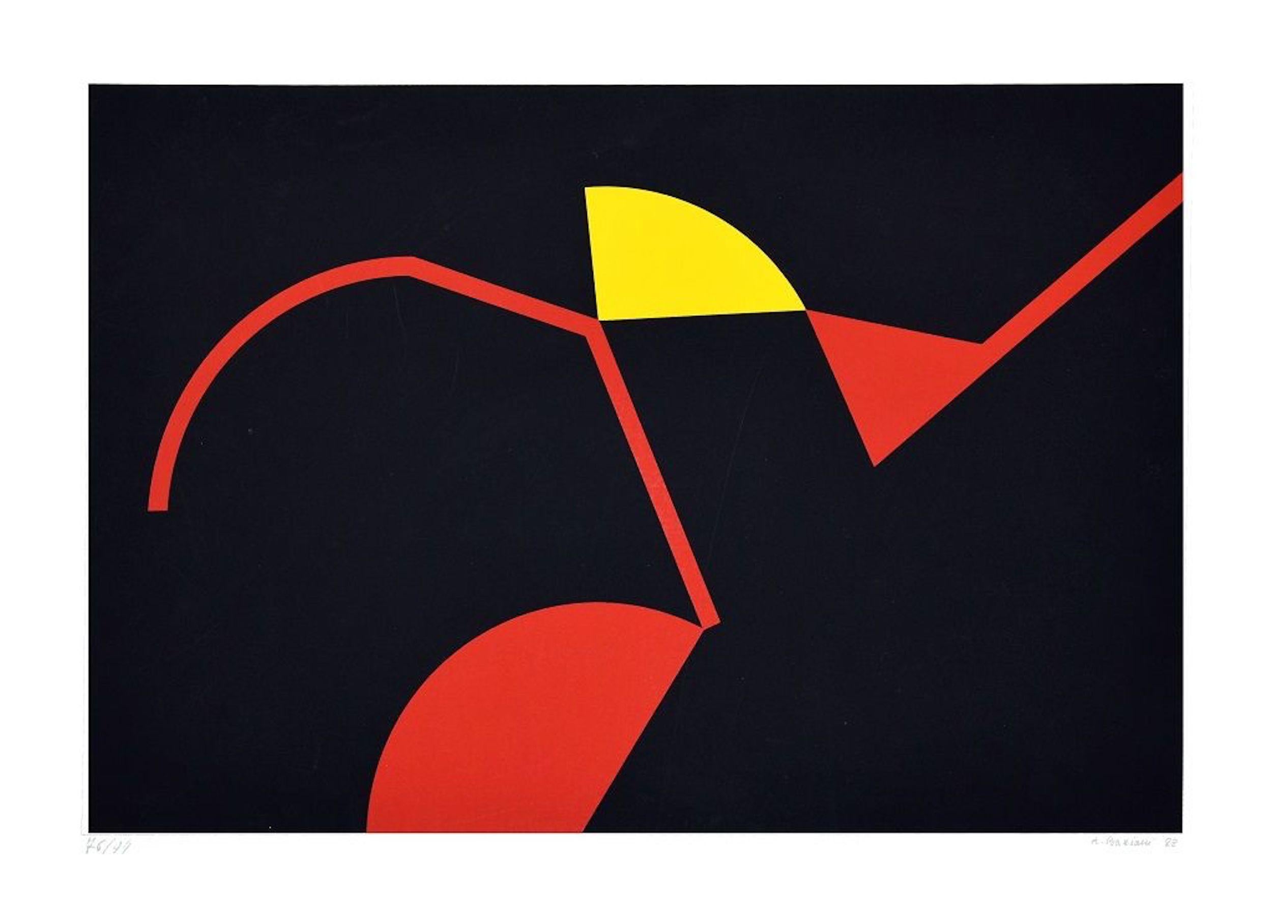 Tribal Colors is an original colored serigraph realized by Renato Barisani in 1983.

Hand-signed and dated in pencil on the lower right. Numbered in pencil on the lower left. Edition 76/99.

Good conditions.

This serigraph represents a red, yellow,