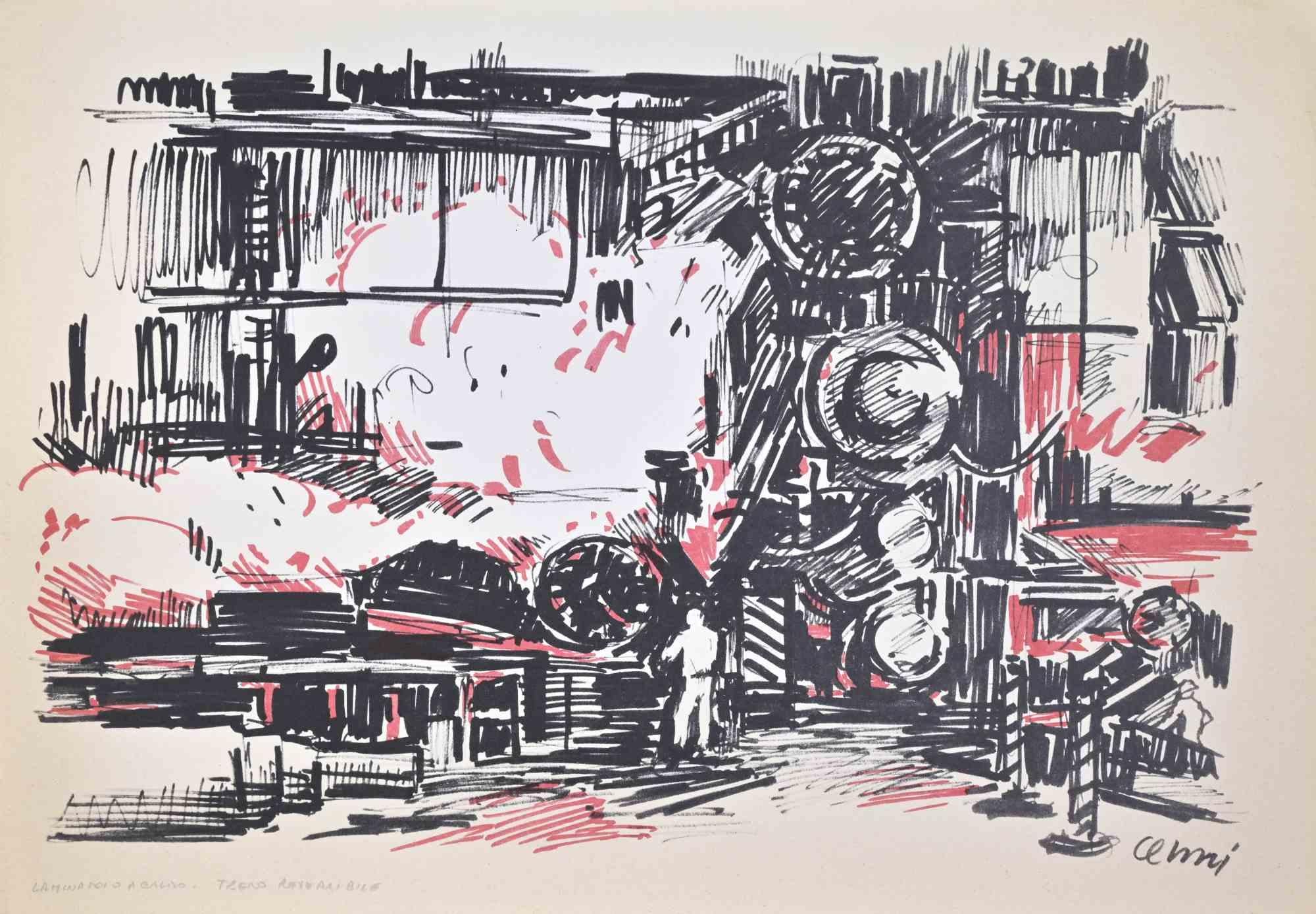 Hot Rolling Mill is an artwork realized by Renato Cenni (1906-1977) in 1970s.

Original Lithograph.

Hand-signed on the lower right.

At the bottom a text "Hot rolling mill: reversible train" ("Laminatoio a caldo: treno reversibile ").

Good
