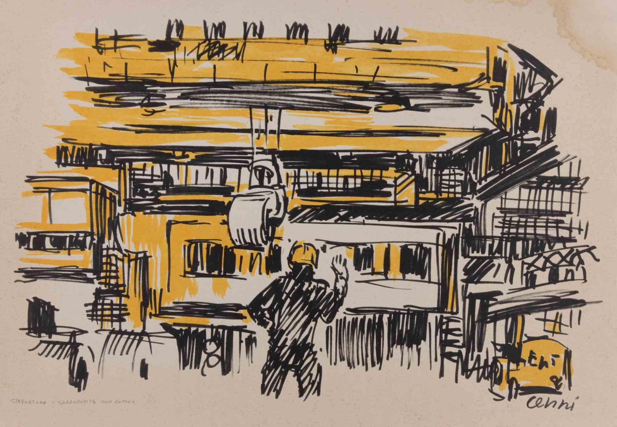El estañado es una obra de arte realizada por Renato Cenni (1906-1977) en la década de 1970.

Litografía original.

Firmado a mano en la parte inferior derecha.

En la parte inferior un texto "Estañatura: carroponte con rotolo" ("stagnatura: grulla