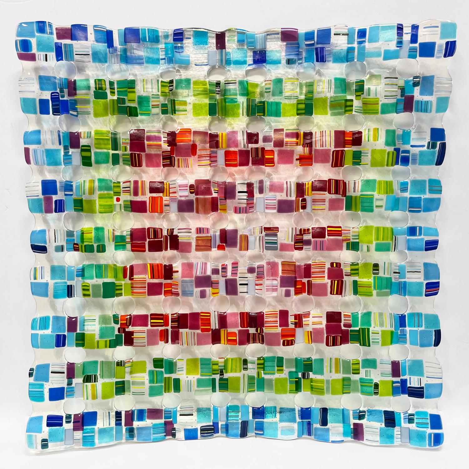 Renato Foti Abstract Sculpture - Colorful Glass Wall Sculpture, Retro Mesh, Fused Glass Wall Piece 