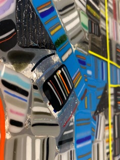 Glass Map of Chicago 56" x 24", aerial map with custom steel hanging supports