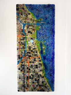 Glass Map of Chicago 56" x 24", aerial map with custom steel hanging supports