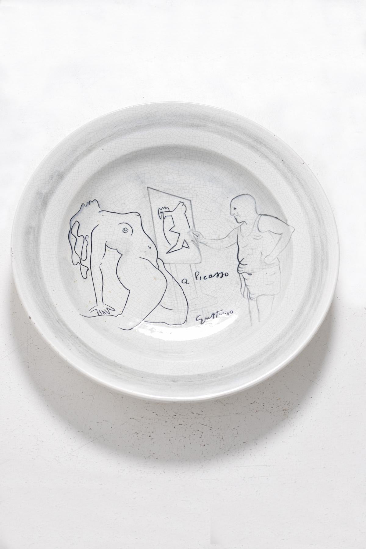Renato Guttuso Ceramic Centre Dish as a Homage to Picasso, Numerd, 1980s In Good Condition In Milano, IT