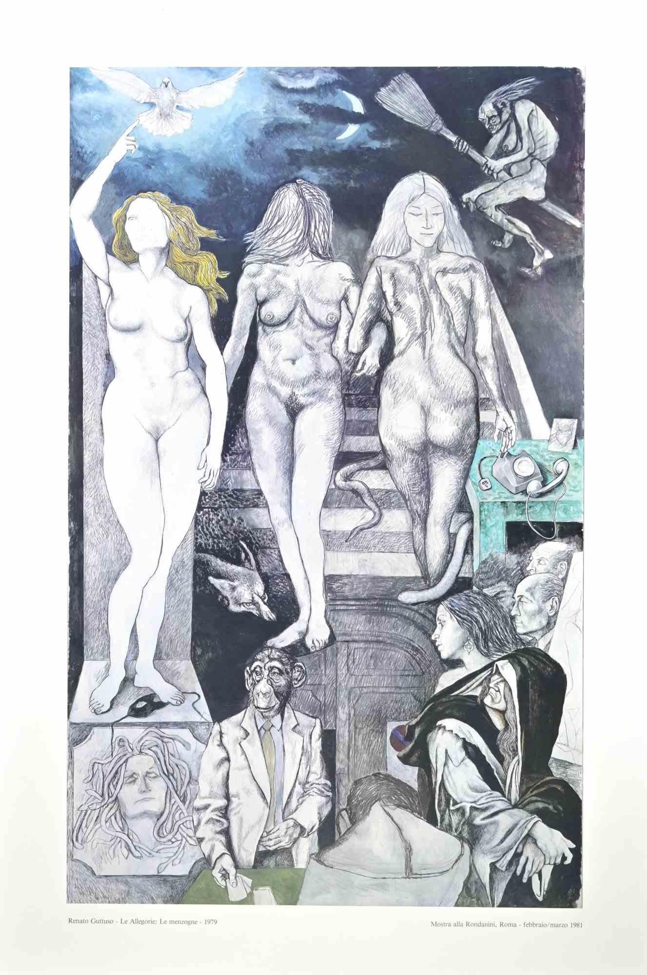Allegories: Lies is a vintage poster realized by the Italian artist  Renato Guttuso  (Bagheria, 1911 – Rome, 1987) in  1981.

Colored Offset on paper. 

The artwork was realized on the occasion of the exhibition realized in 1981 at Galleria