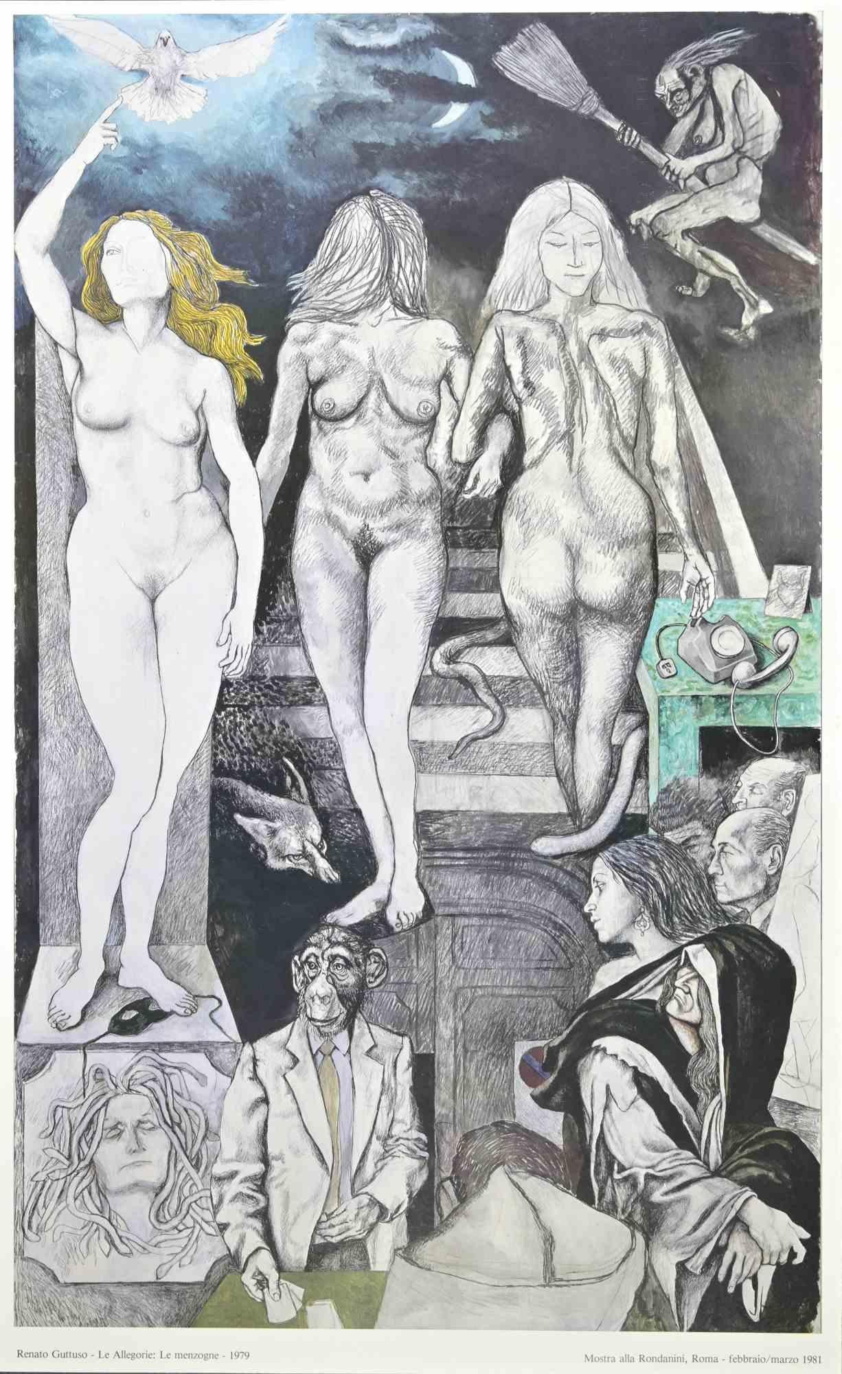 Allégories : Lies est une affiche vintage réalisée par l'artiste italien.  Renato Guttuso  (Bagheria, 1911 - Rome, 1987) en  1981.

Offset coloré sur papier. 

L'œuvre a été réalisée à l'occasion de l'exposition réalisée en 1981 à la Galleria
