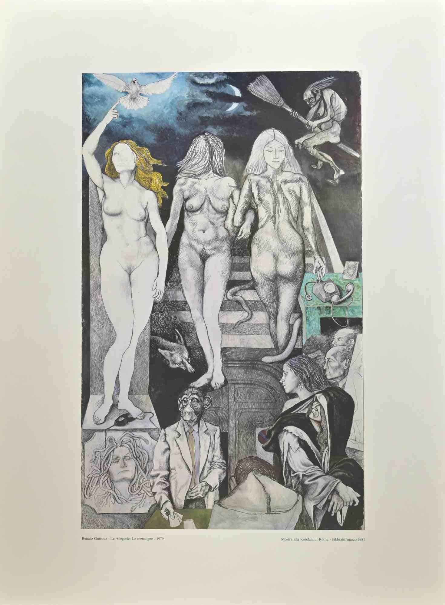Allegorien: Lies ist ein Vintage-Poster, das nach dem italienischen Künstler  Renato Guttuso  (Bagheria, 1911 - Rom, 1987) in  1981.

Farbiger Offsetdruck auf Papier. 

Das Plakat entstand anlässlich der Ausstellung, die 1981 in der Galleria