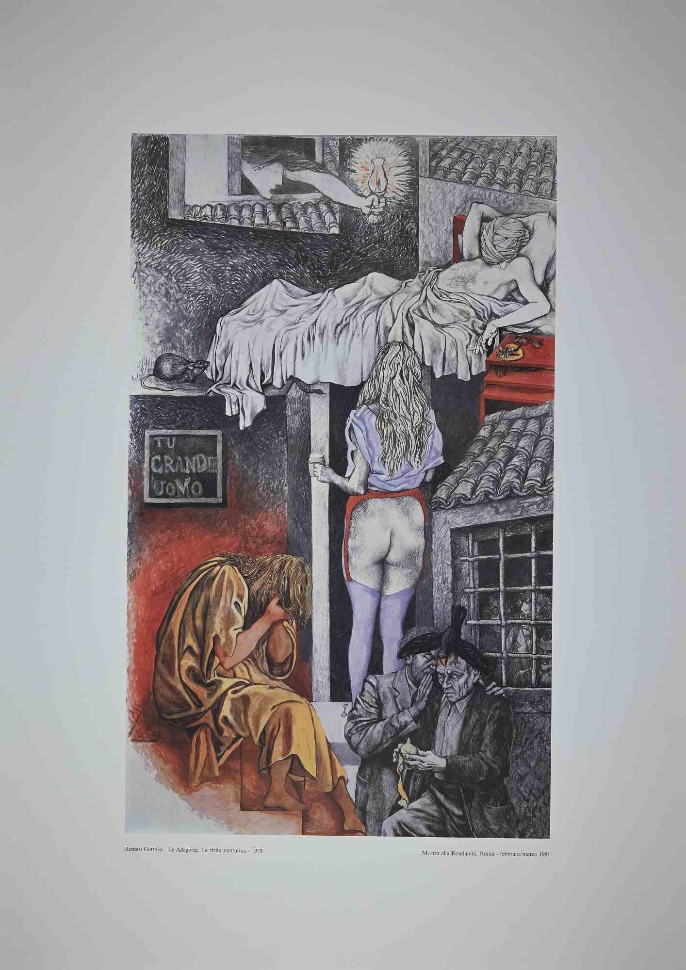 Allegorien: Der morgendliche Besuch ist ein originales zeitgenössisches Kunstwerk, das 1979 von dem italienischen Künstler Renato Guttuso (Bagheria, 1911 - Rom, 1987) geschaffen wurde.

Farbiger Original-Offsetdruck auf Papier. 

In der linken
