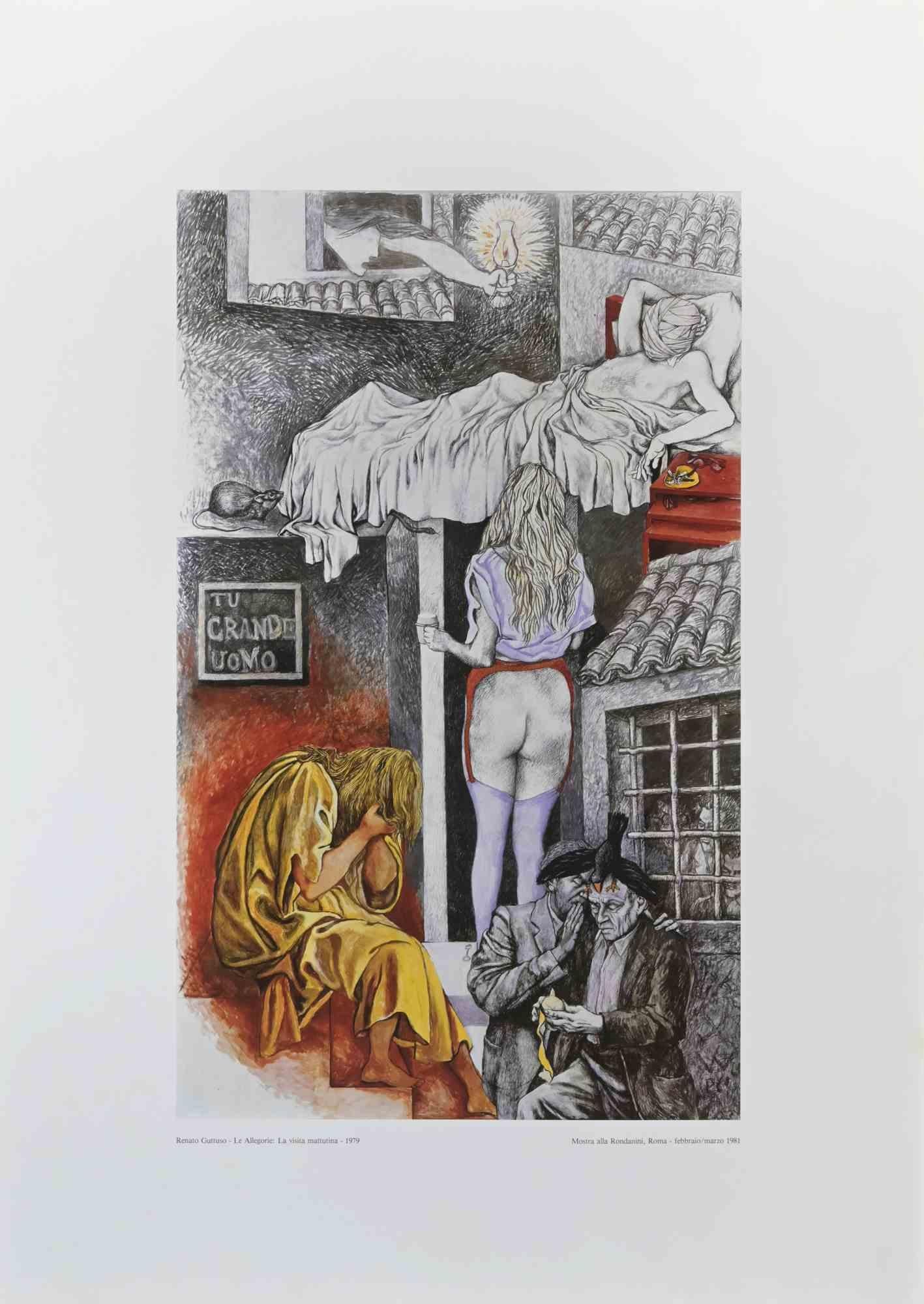 Allegories: the Morning Visit  is a vintage poster realized by the Italian artist  Renato Guttuso  (Bagheria, 1911 – Rome, 1987) in  1981

Original Colored Offset on paper. 

The artwork was realized on the occasion of the exhibition realized in