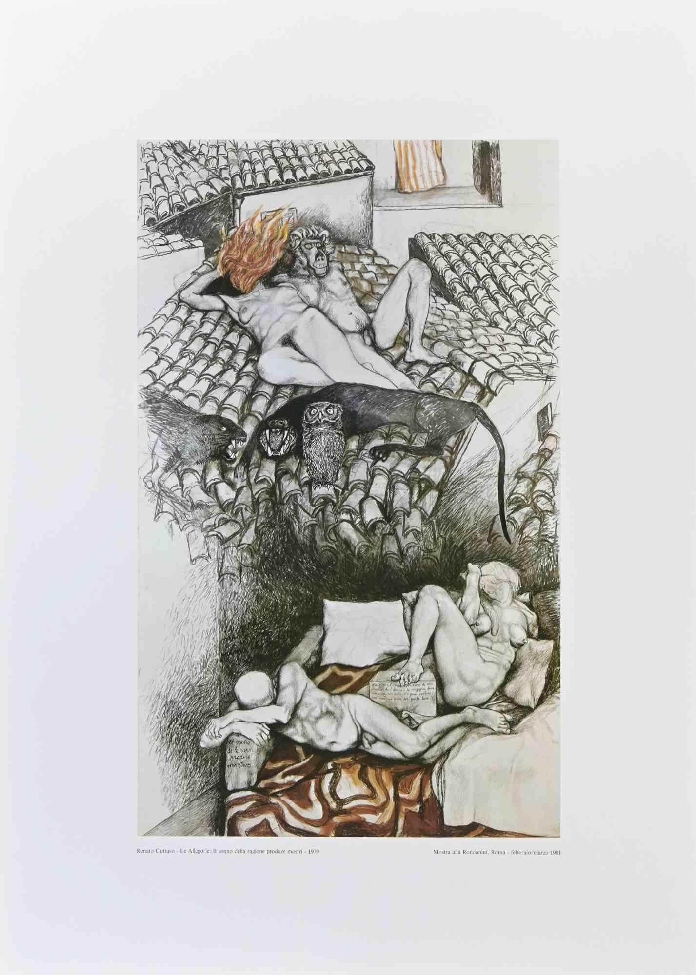 Allegories:  The Sleep of Reason  is a vintage offset poster realized by the Italian artist  Renato Guttuso  (Bagheria, 1911 – Rome, 1987) in  1981.

Original Colored Offset on paper. 

The artwork was realized on the occasion of the exhibition