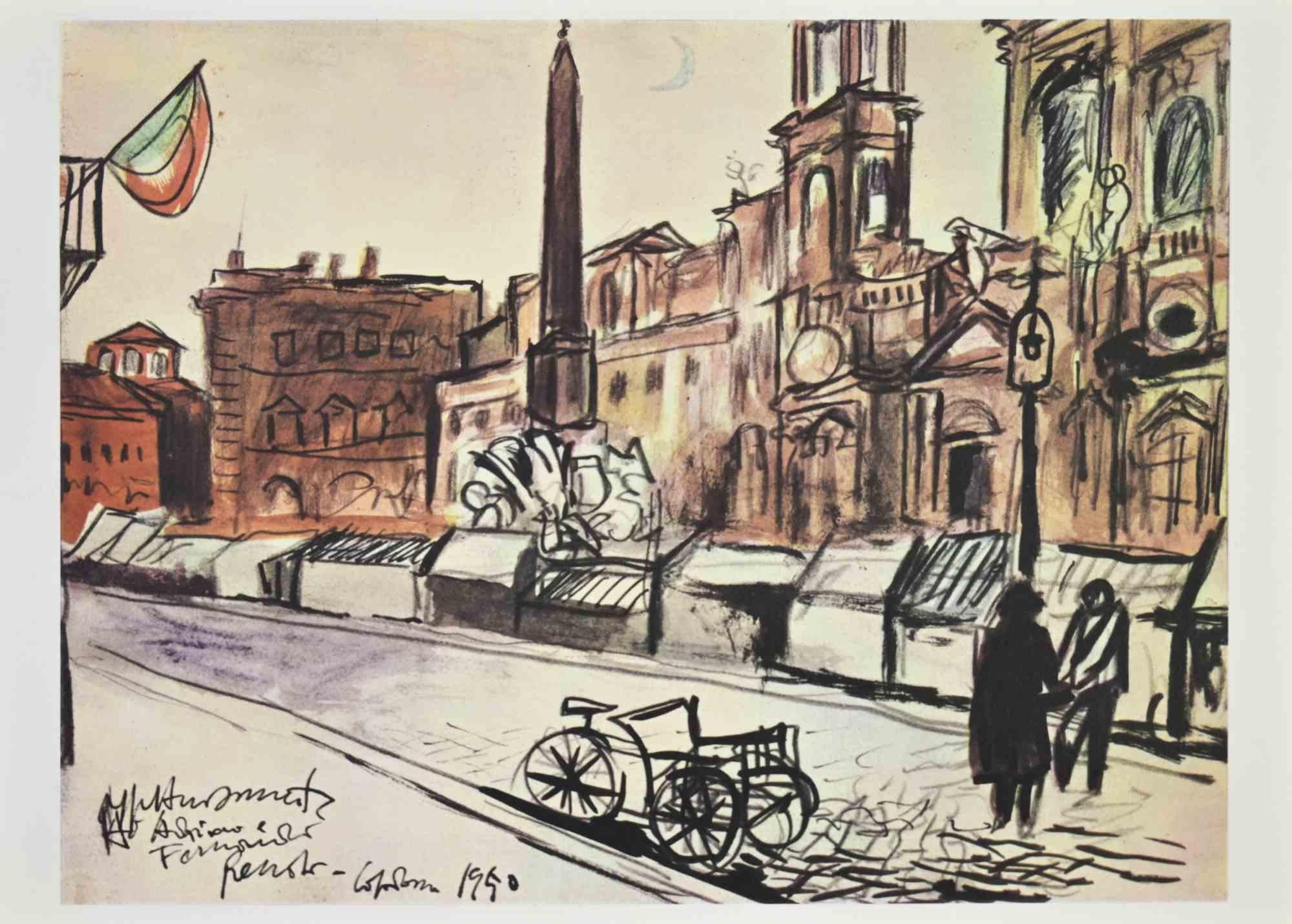 Die Kaserne auf der Piazza Navona ist ein Kunstwerk, das 1950 von dem italienischen Künstler Renato Guttuso (Bagheria, 1911 - Rom, 1987) geschaffen wurde.

Fotodruck. 

Guter Zustand.

Italienischer Titel auf der Rückseite "baracche a piazza