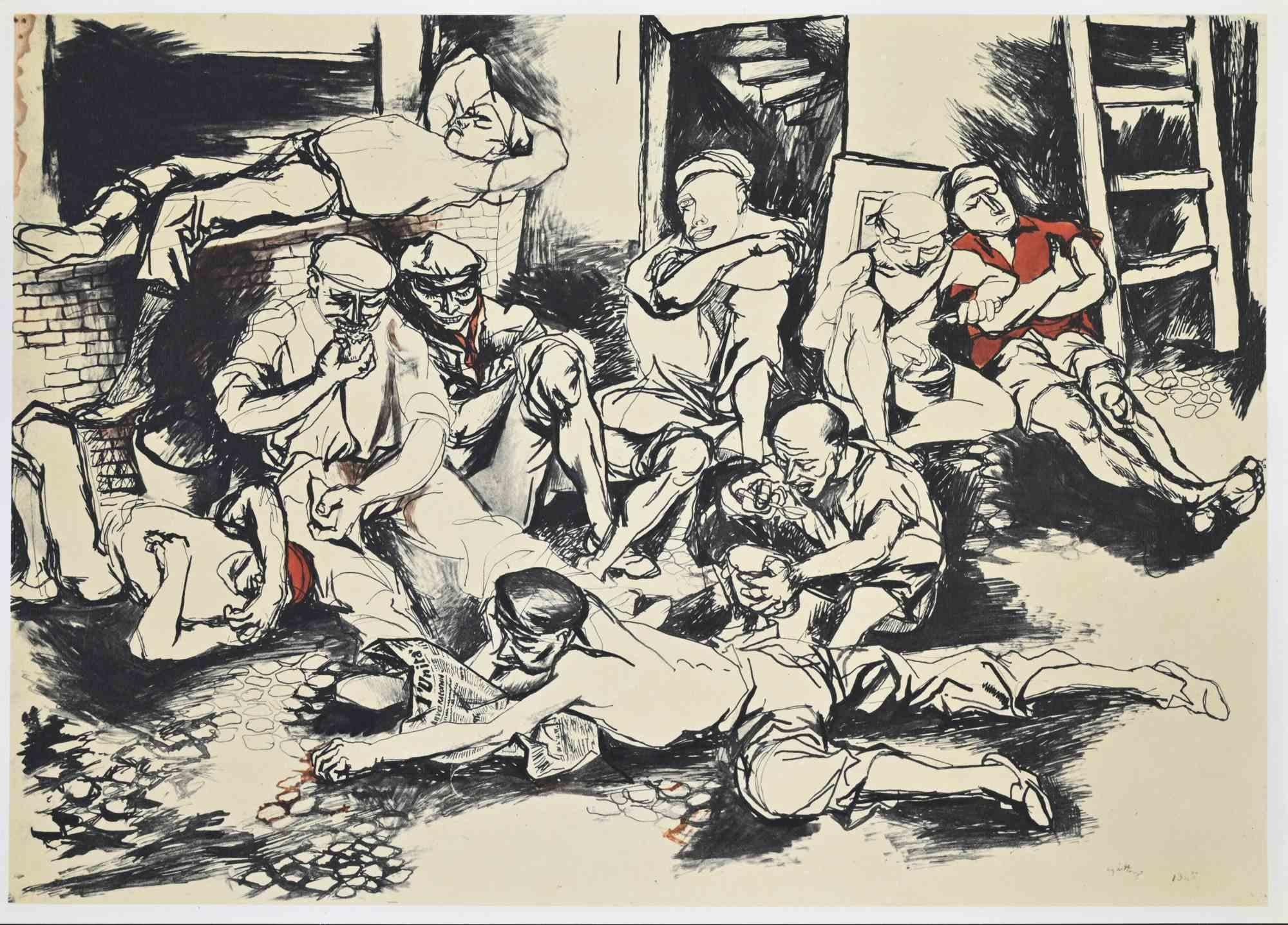 Albañiles descansando - Offset según Renato Guttuso - 1945