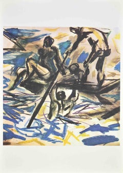 Vintage Children’s Bath on Lake Lugano - offset after Renato Guttuso - 1954