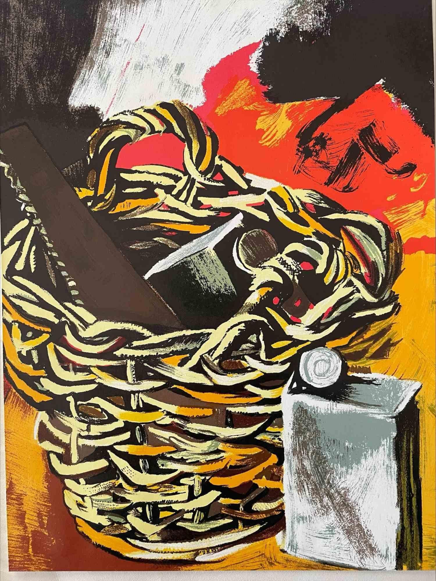 Hommage à Guttuso - Basket and Saw  is a print by the Sicilian artist Renato Guttuso (Bagheria, 1911 - Rome, 1987).

A high-quality chromolithograph on paper, edited by the French magazine XXe Siécle , and published on the special number issue