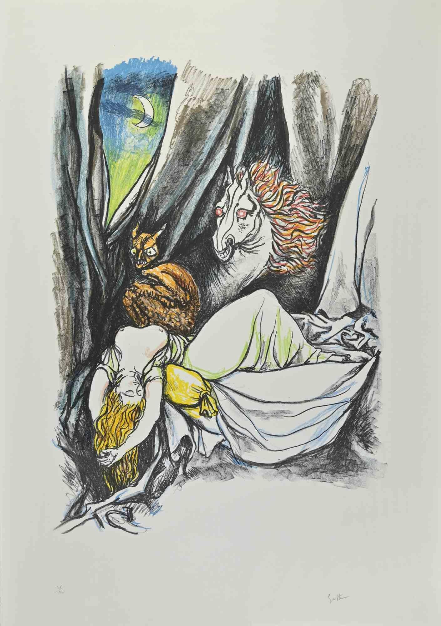 Hommage à Heinrich Fuseli est une lithographie réalisée par Renato Guttuso en 1980.

Signé à la main en bas.

Numéroté, édition de 100 exemplaires.

Tampon sec "La Spirale".