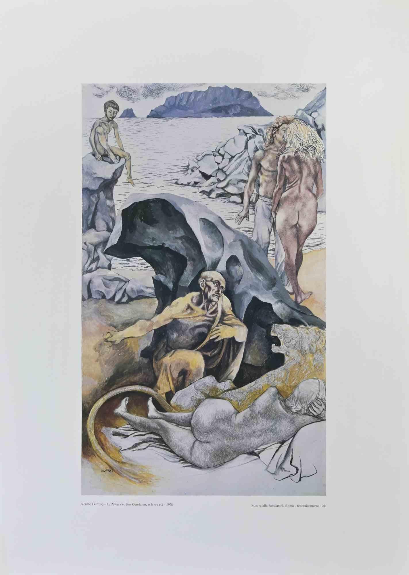 Le Allegorie: San Gerolamo, o le tre età   is a vintage poster realized by the Italian artist  Renato Guttuso  (Bagheria, 1911 – Rome, 1987) in  1981

Original Colored Offset on paper. 

The artwork was realized on the occasion of the exhibition