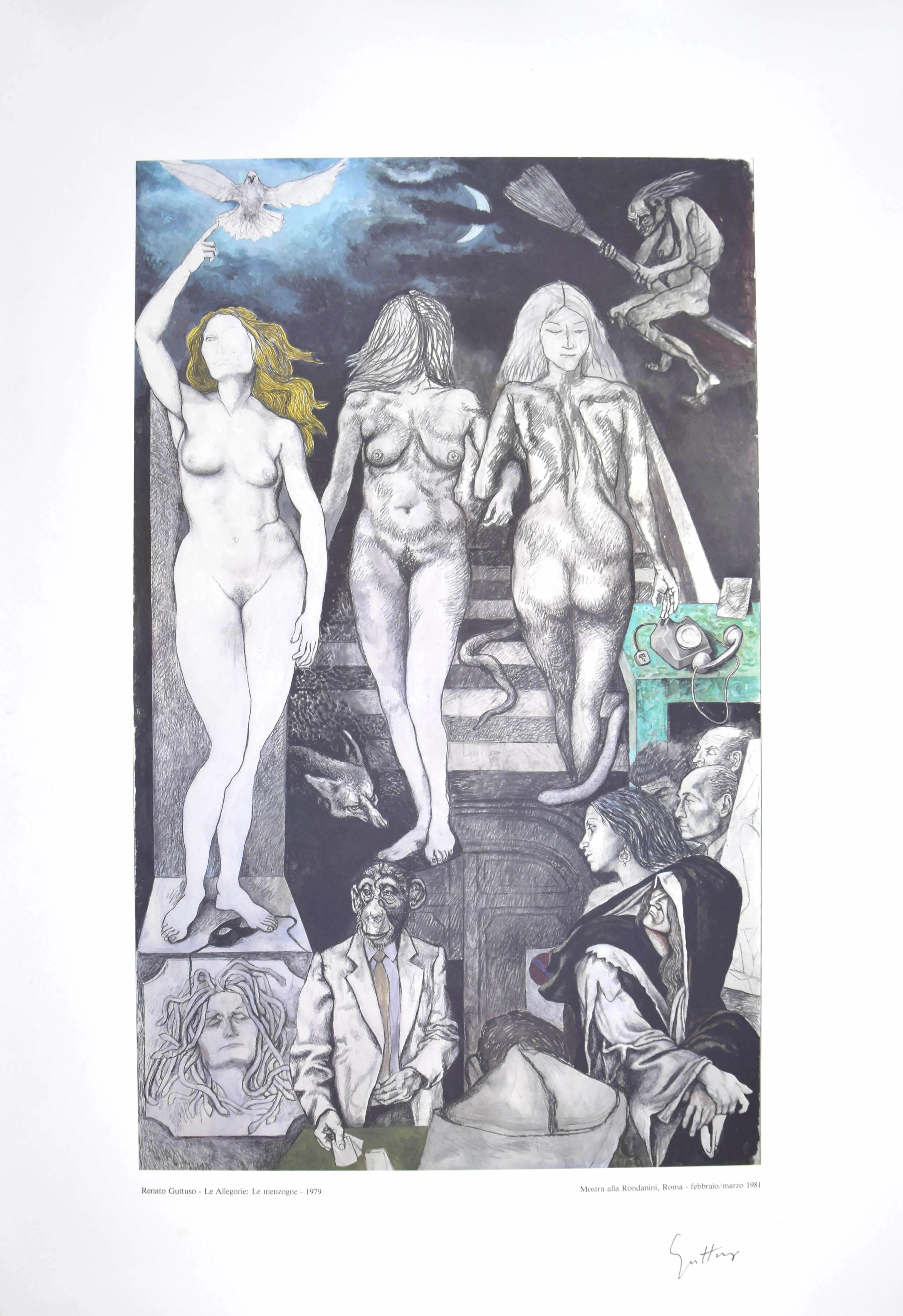 Renato Guttuso Figurative Print - Lies - From The Allegories - Vintage Offset Poster Hand Signed - 1981