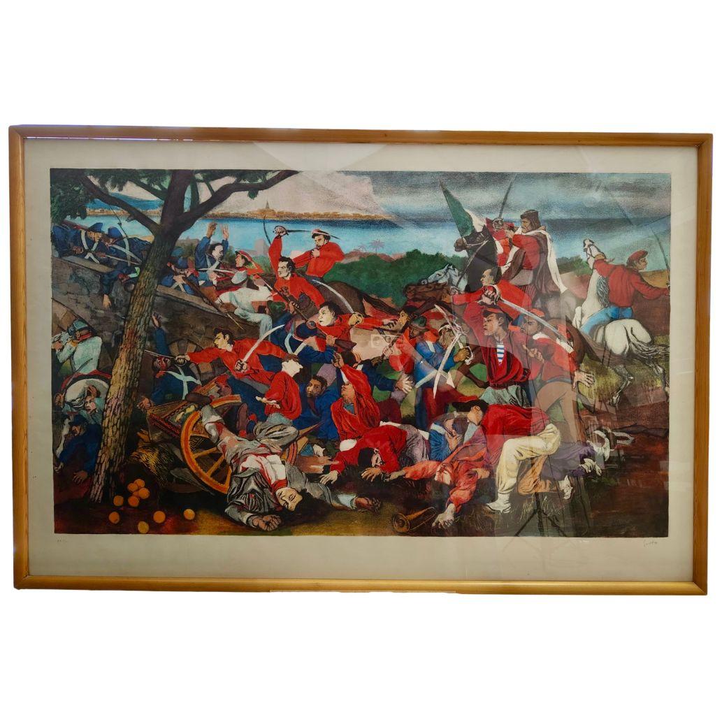 Renato Guttuso was one of the most important Italian painters of the 20th century. 
The work is a lithograph made in etching and aquatint circa 1960s and depicts a famous painting of his made in 1951/52: The Battle of Admiral Bridge. 
Of this work,