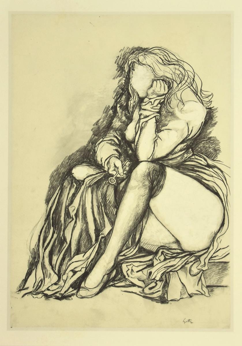 Melancholy is a vintage  offset print realized after a 1978 drawing by  the Sicilian artist Renato Guttuso. 

Signed on plate.

Good conditions.

Renato Guttuso (Bagheria, Palermo 1912 - Rome,1987) was a famous Italian painter of the 20th