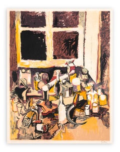 Renato Guttuso (1912-1987)- Oggetti sul tavolo e finestra di sera- litografía