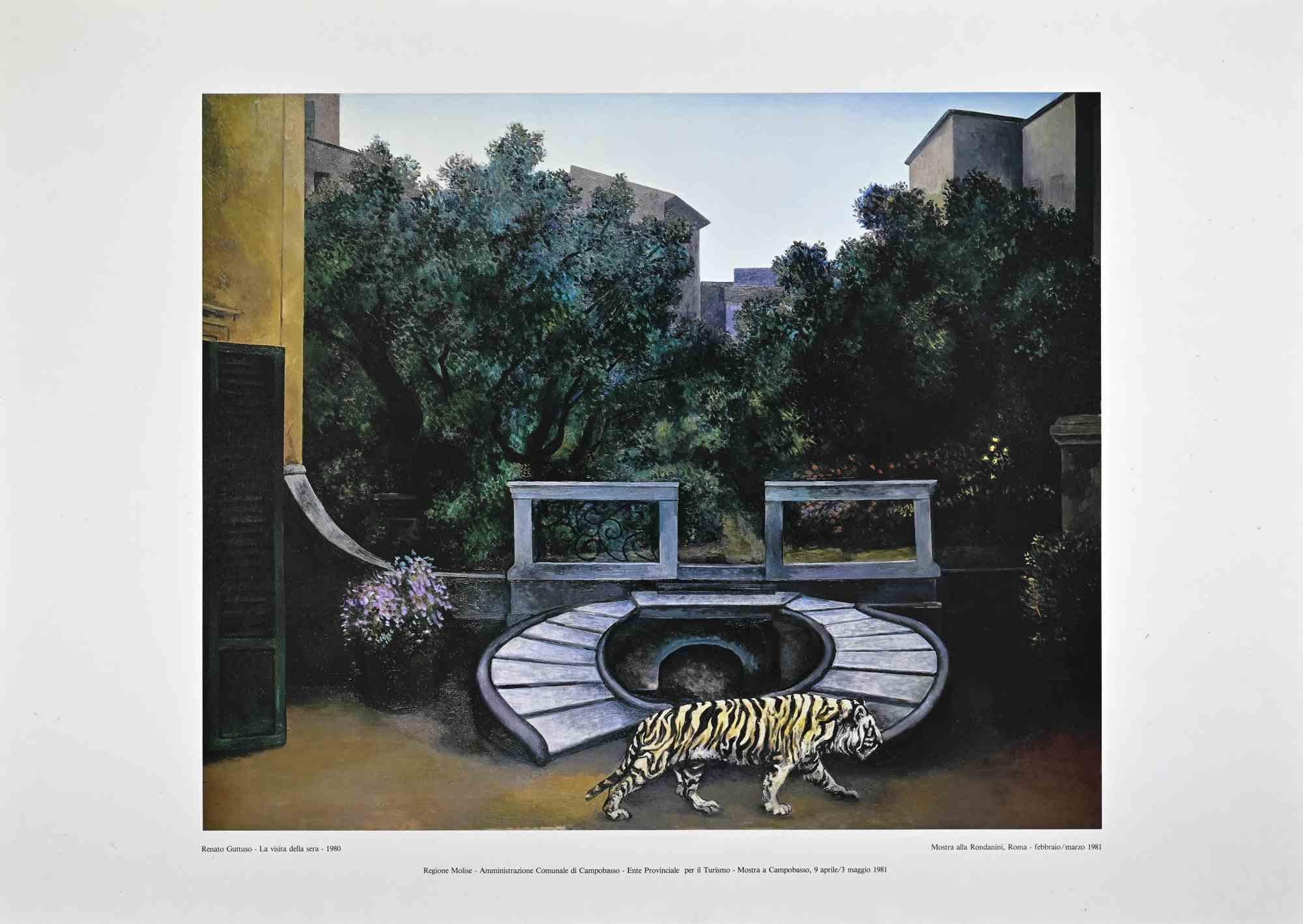 The Evening Visit  is an offset poster print after the Sicilian artist Renato Guttuso. This print was realized on the occasion of the exhibition held in Rondanini Gallery in Rome in 1981 and reproduced the artwork that the artist realized in 1980 as