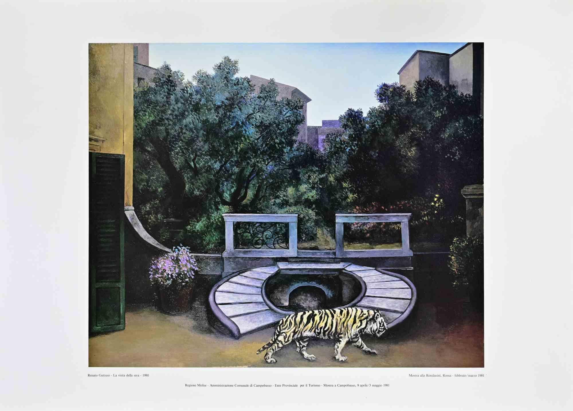 Affiche vintage réalisée par l'artiste italien Renato Guttuso (Bagheria, 1911 - Rome, 1987) en 1981.

Offset coloré sur papier. 

L'œuvre a été réalisée à l'occasion de l'exposition réalisée en 1981 à la Galleria Rondanini à Rome.

L'affiche offset