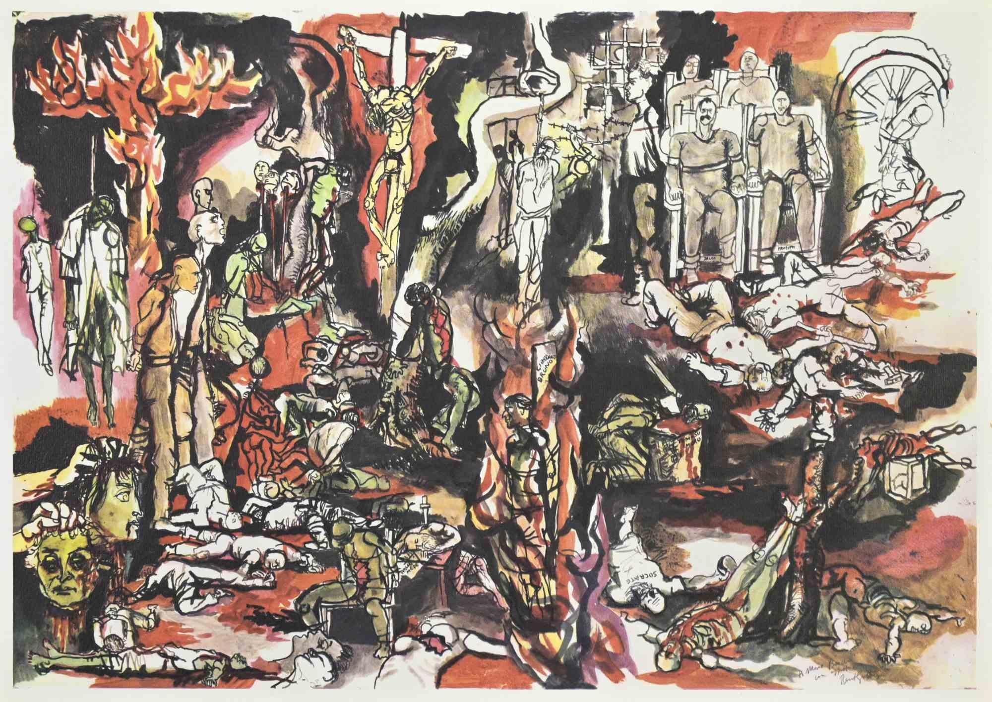 I Centomila Martiri è un'opera d'arte realizzata dall'artista italiano Renato Guttuso (Bagheria, 1911 - Roma, 1987) nel 1956.

Fototipo su carta. 

Buone condizioni.

Titolo italiano sul retro "I centomila martiri".

Dedica dell'artista sul davanti
