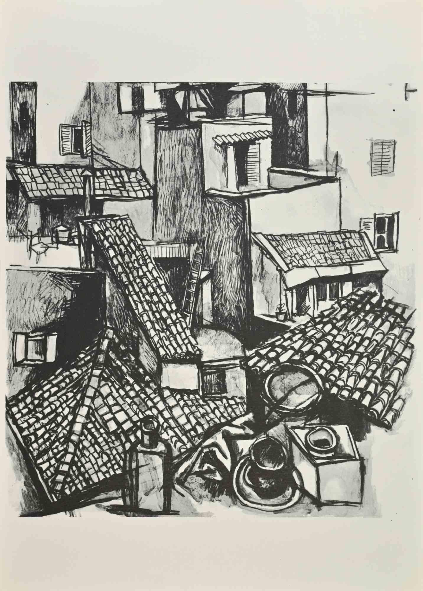 The roofs of Via Leonia is an artwork realized by the Italian artist  Renato Guttuso  (Bagheria, 1911 – Rome, 1987) in 1961.

Phototype print.. 

Good condition.

Italian title on the back "tetti di via Leonia".

Not signed.

Guttuso is a key figure