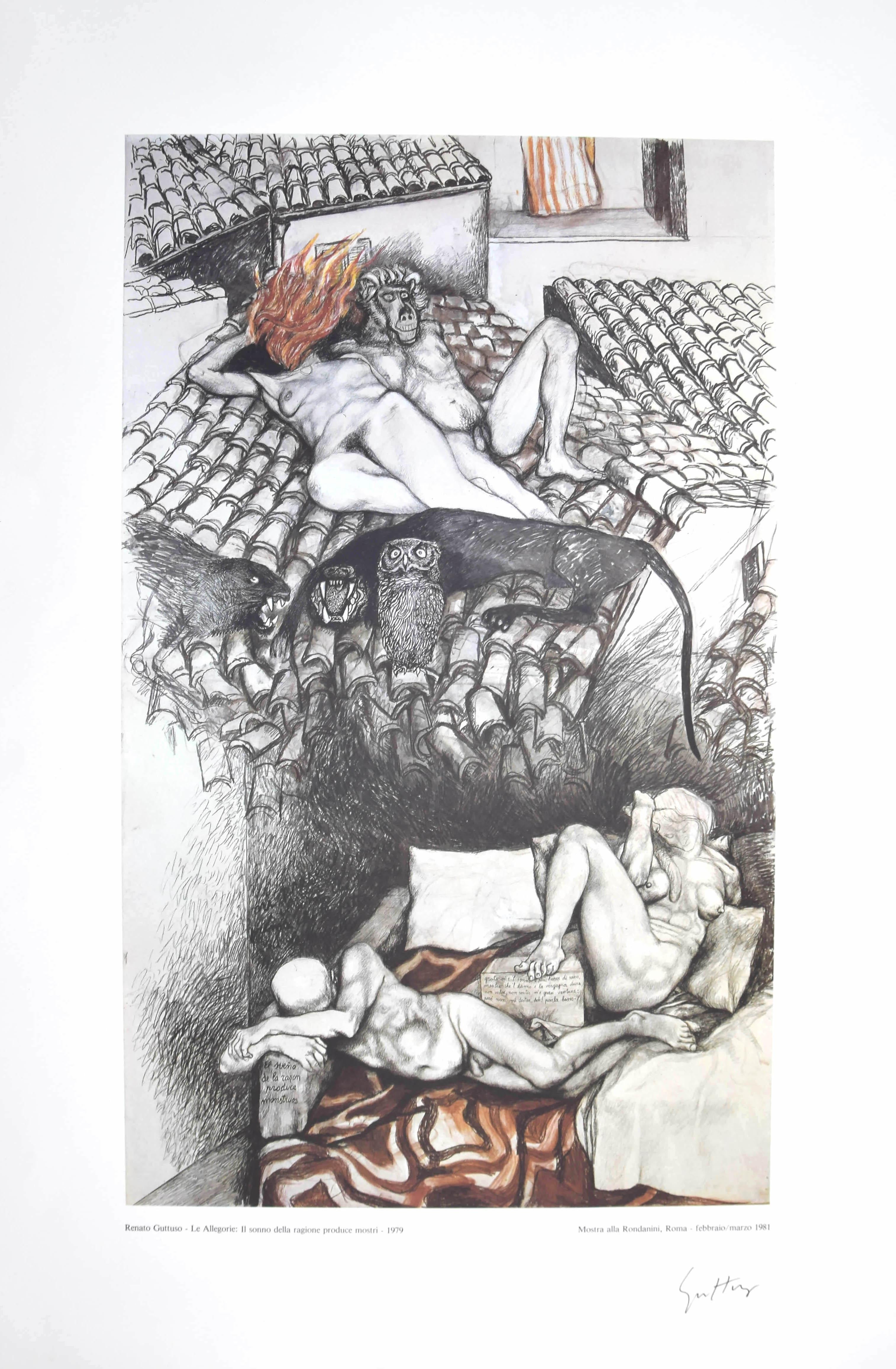 Renato Guttuso Figurative Print - The Sleep of Reason Creates Monsters - Vintage Offset Poster Hand Signed - 1981