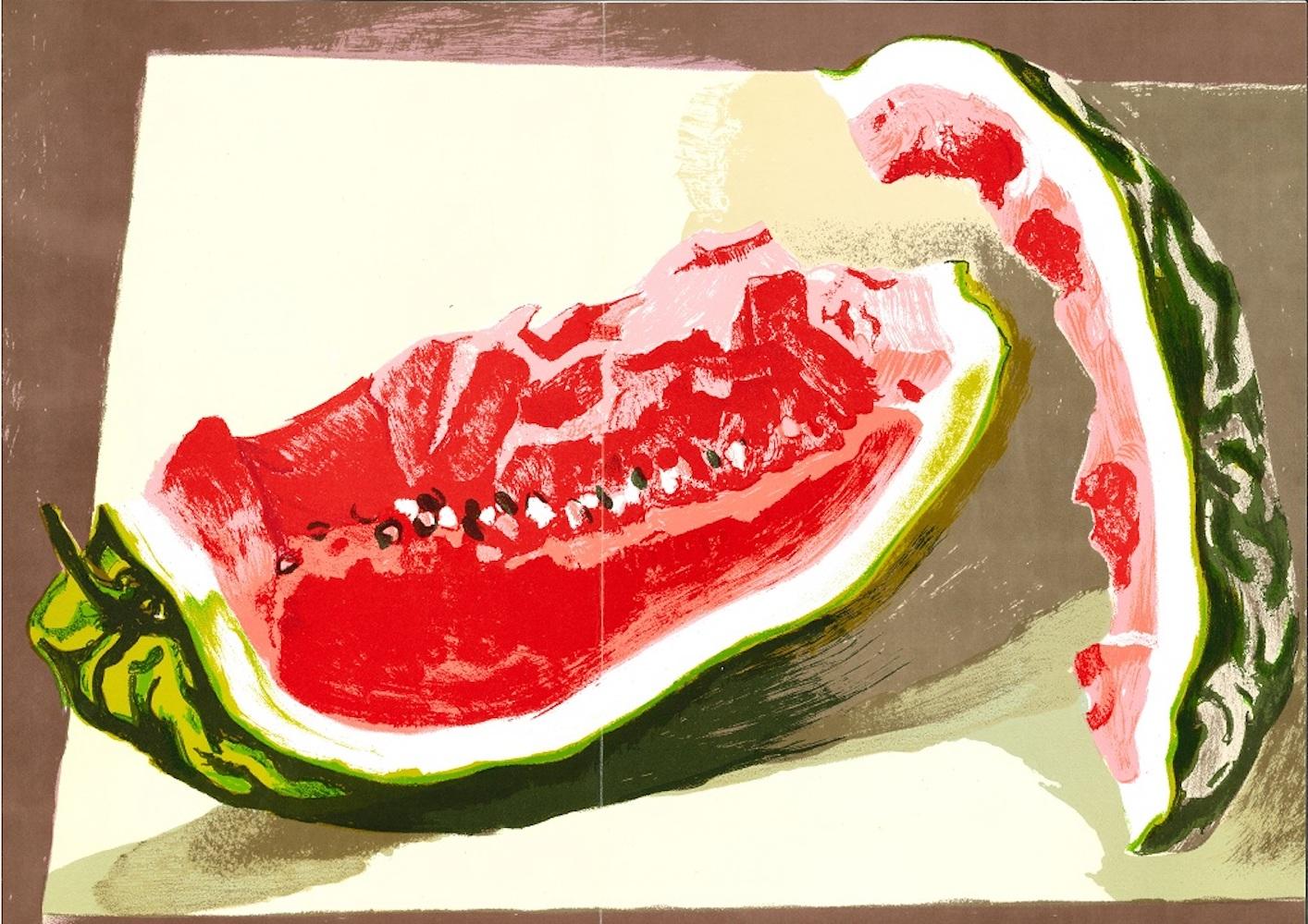 Watermelon is a mixed colored lithograph by the Sicilian artist Renato Guttuso in 1982

The artwork is from  XXeme Siècle Paris/New York; Printer Graphis Arte Livorno/Roma.

Reference: Renato Guttuso, dipinti, tecniche miste, disegni, litografie e