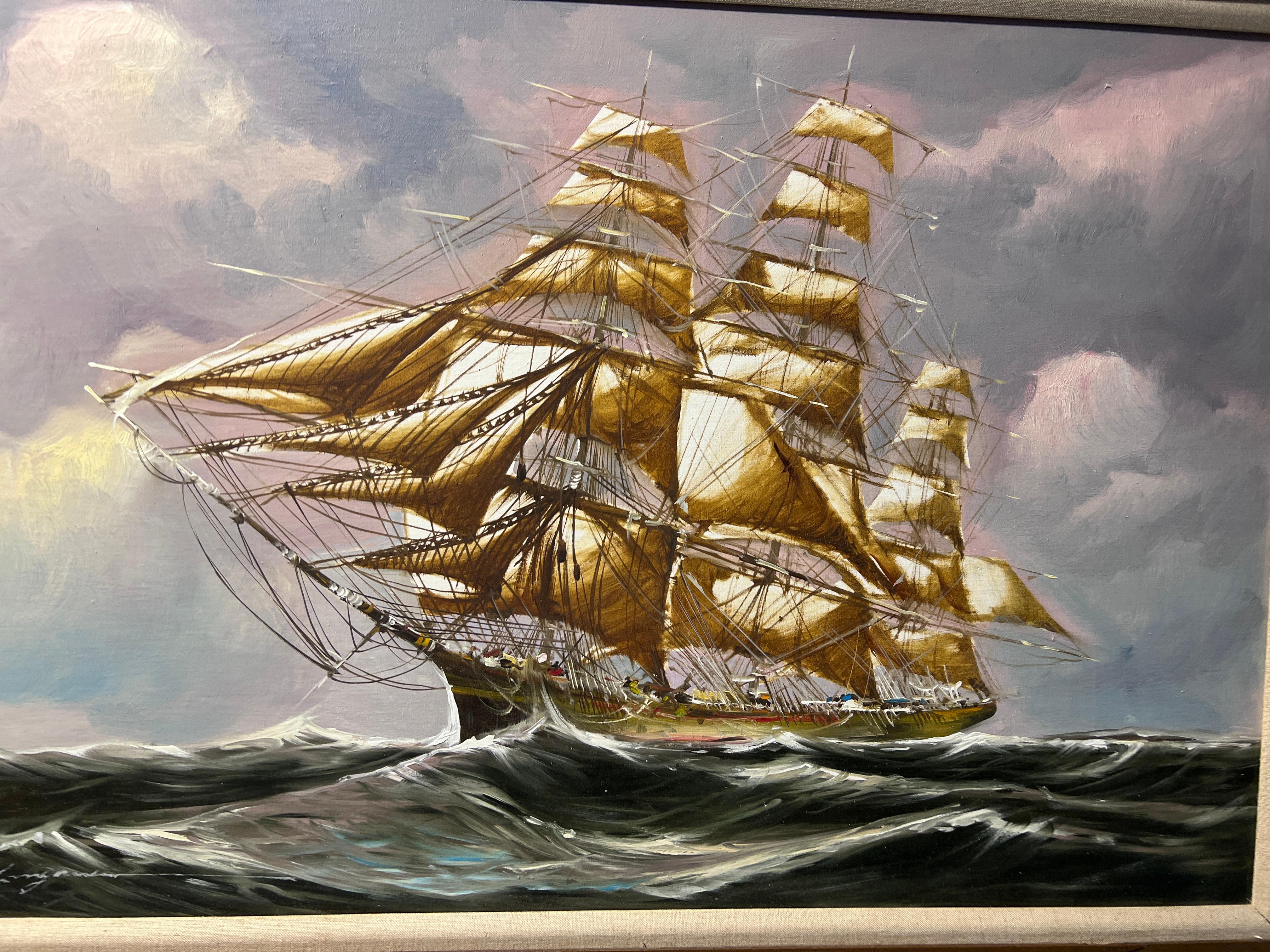 Cotizado Artista italiano Renato Longanesi Gran óleo sobre lienzo Barco clíper 2