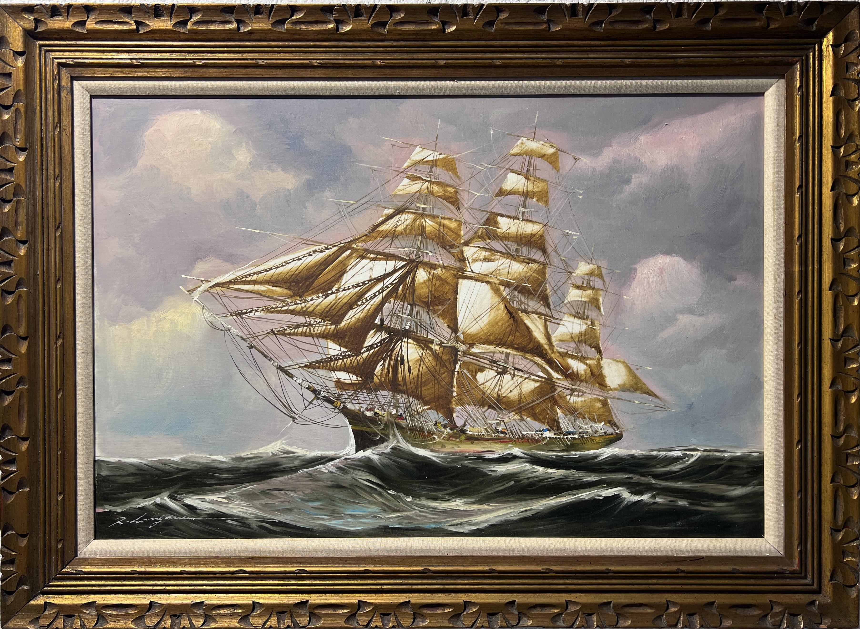 Se trata de un asombroso gran óleo original de época sobre lienzo que representa barcos clíper en un océano tormentoso, obra del artista italiano Renato Longanesi (nacido en 1931).

Se trata de un estilo marítimo clásico, que tan poco se ve hoy en
