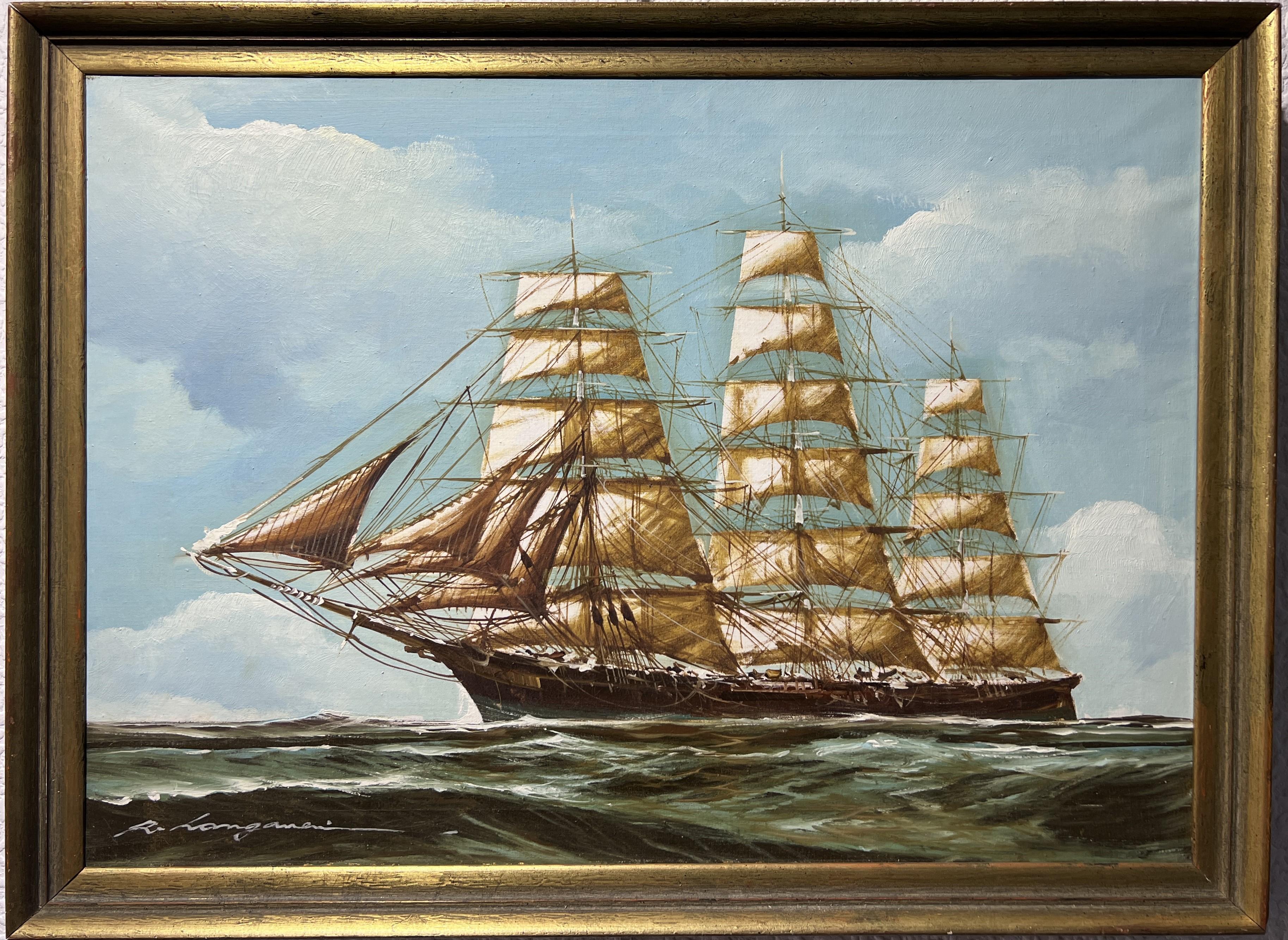 This is an amazing vintage original oil painting on canvas depicting Clipper ships in the stormy ocean by Listed Italian Artist Renato Longanesi (b.1931).

This is a classic maritime style, one that is so rarely seen nowadays. A wide array of blue