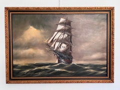 Renato Longanesi - Original Vintage Oil Painting Clipper Ship Stormy Sea Framed