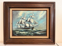 Renato Longanesi - Original Vintage Oil Painting Clipper Ship Stormy Sea Framed